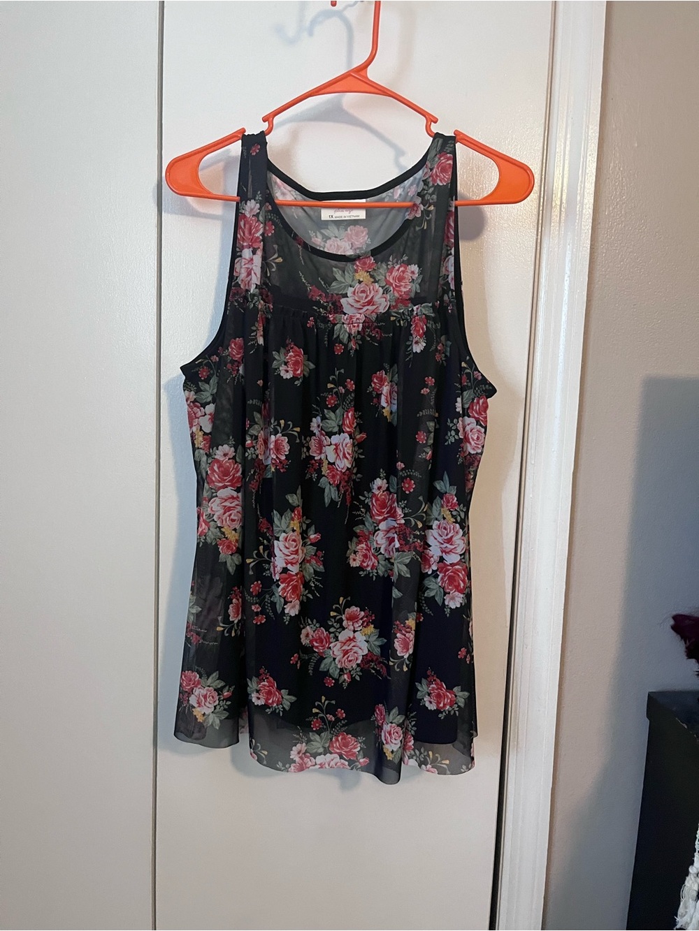 Bobbie Brooks Black Sheer Floral Tank with Pink Roses